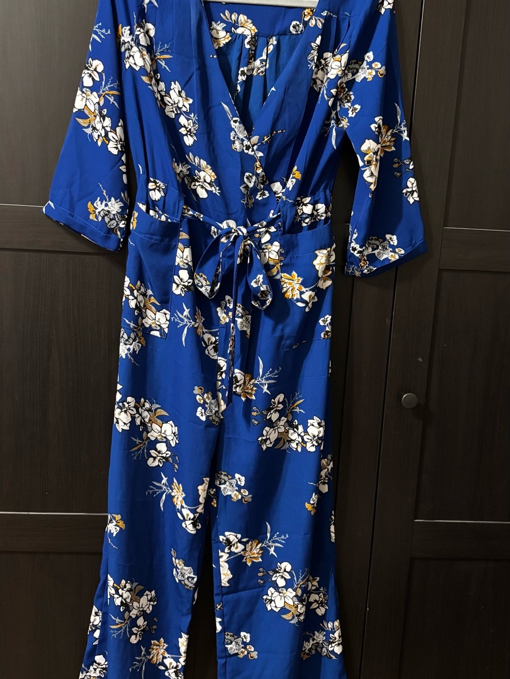 Blue Floral Wrap Midi Dress with Tie Waist